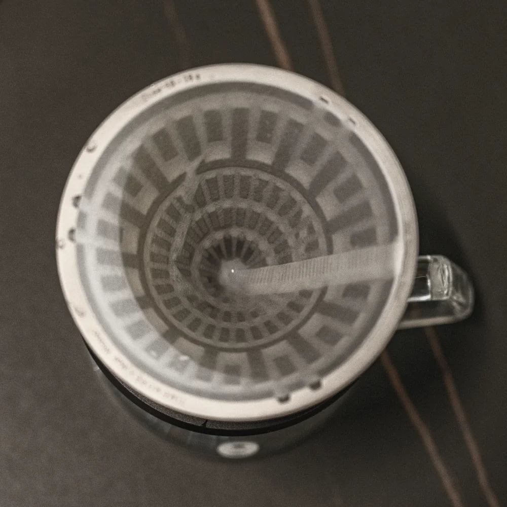 Top view of the VECTOR dripper with a white 01 paper filter seated against the lattice, on a glass server