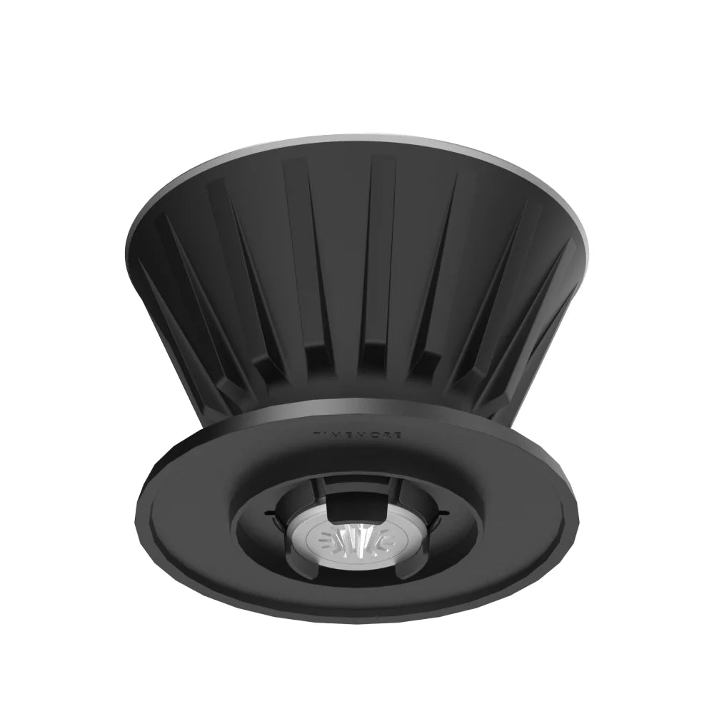 Underside of the VECTOR dripper showing the black ribbed Thermal Sleeve, the flat base and the stainless steel outlet