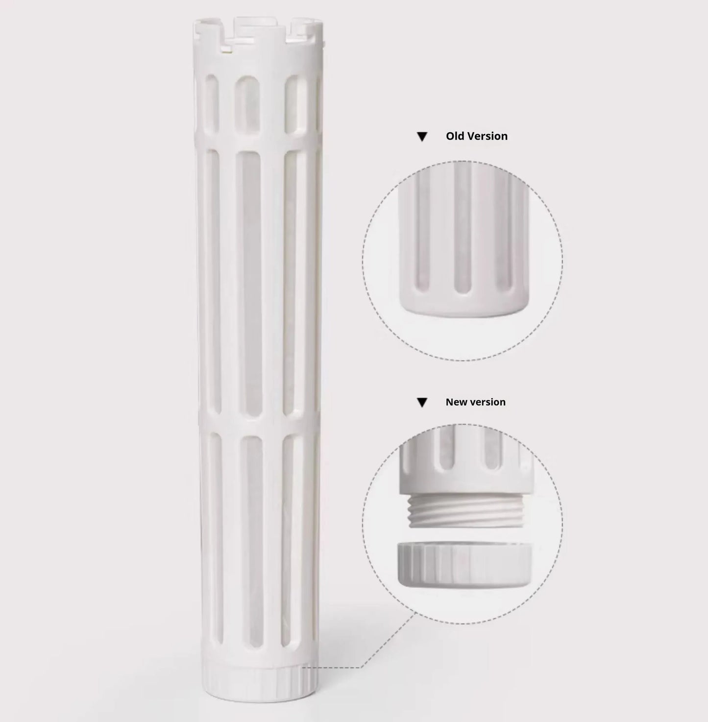 TIMEMORE Icicle Cold Brewer filter tube comparison: old version with a fixed bottom versus new version with a screw-off detachable base