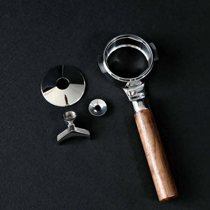 Porte-filtre espresso avec poignée en noyer et fond interchangeable
