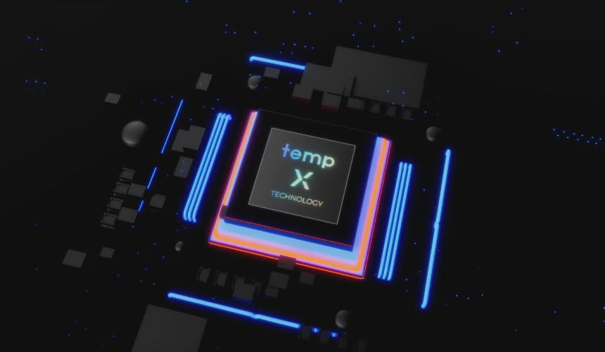 Animated: the glowing tempX control chip at the centre of pulsing blue circuit traces inside the Fish Pro X