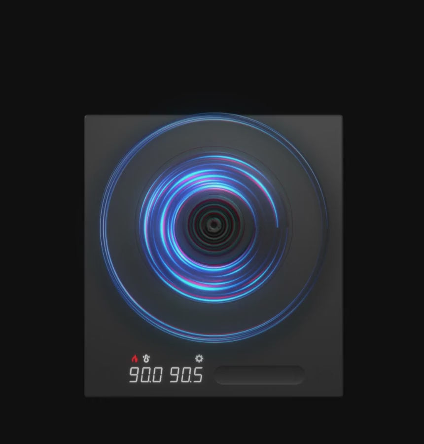 Animated: 'Engineered around 0.5°C' — blue heat rings pulsing above the Fish Pro X power base showing 90.0 / 90.5 on its display