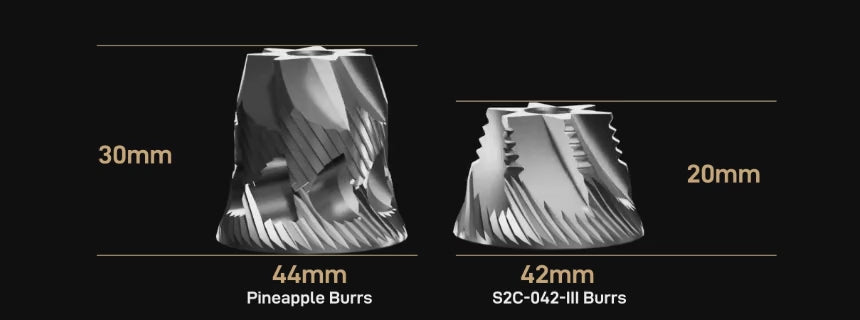 Animated comparison of burr sizes: the 44mm Pineapple Burr stands 30mm tall next to TIMEMORE's 42mm S2C-042-III burr at 20mm, both rotating