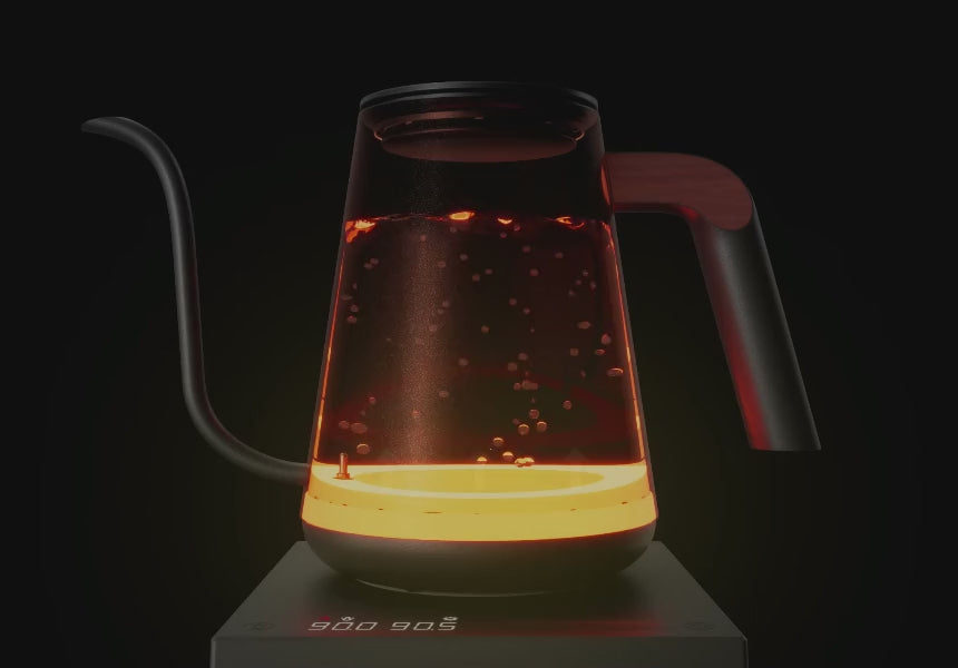 Animated: cutaway view of the Fish Pro X on its base with the water inside glowing and bubbling as it heats