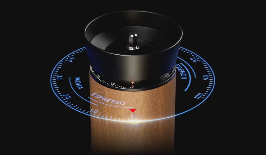 Animated M01 grind dial turning under a glowing blue scale marked with espresso, moka, pour-over and French press zones